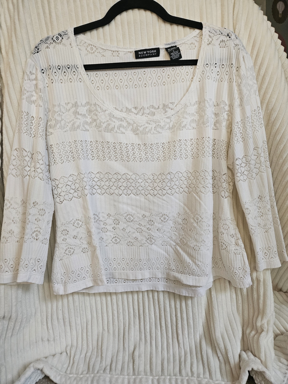 New York & Company Cream Lace-Detail Long Sleeve Scoop Top